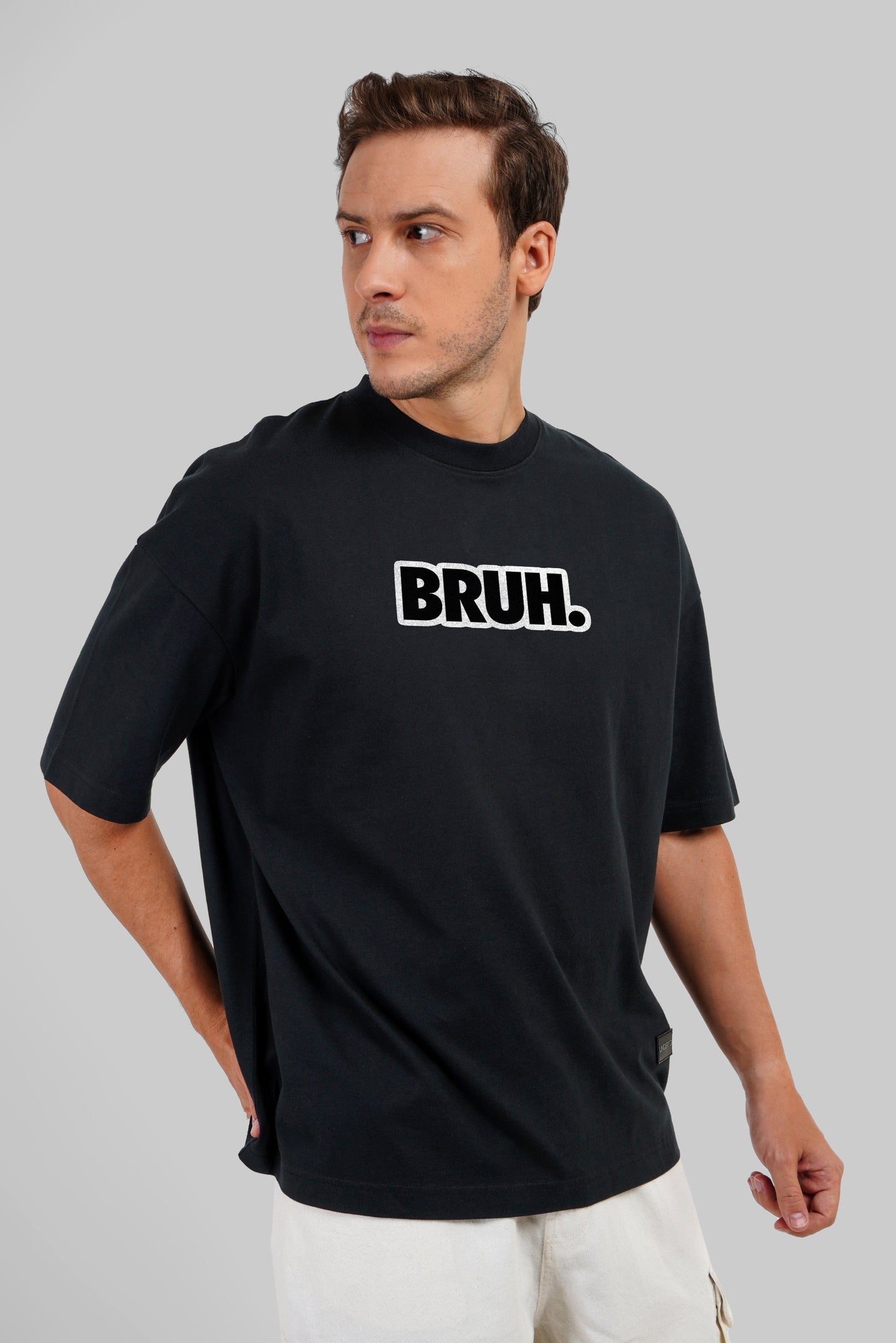 Bruh Typographic Black Baggy Fit T-Shirt Men