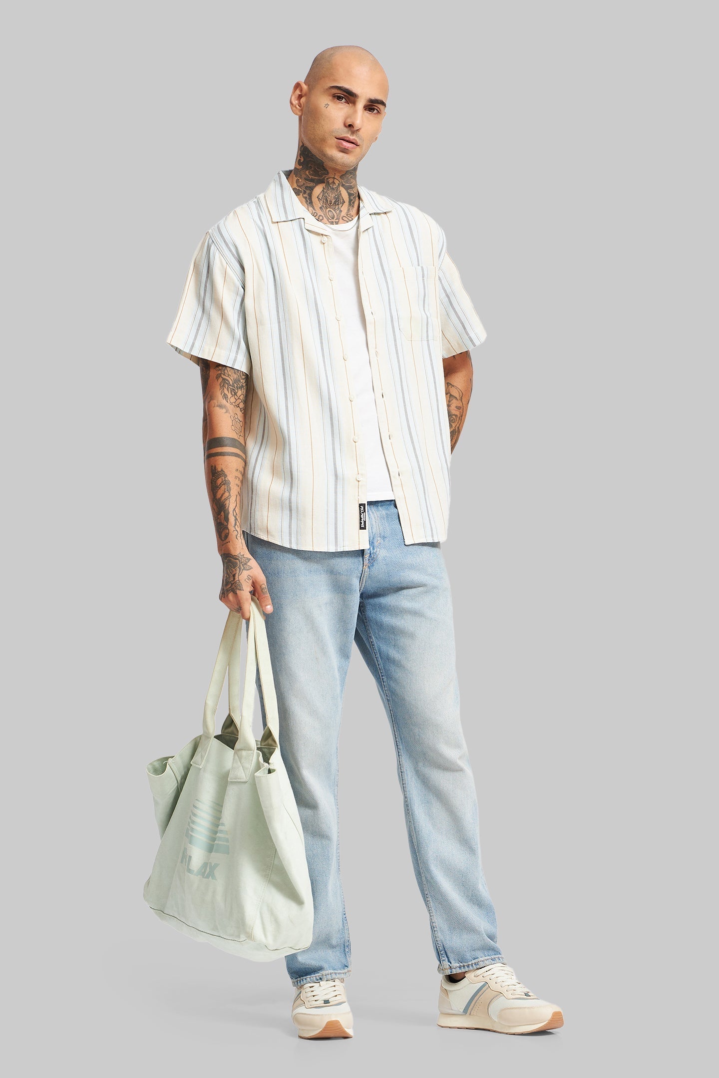 Blue Striped Textured Cuban Collar Shirt