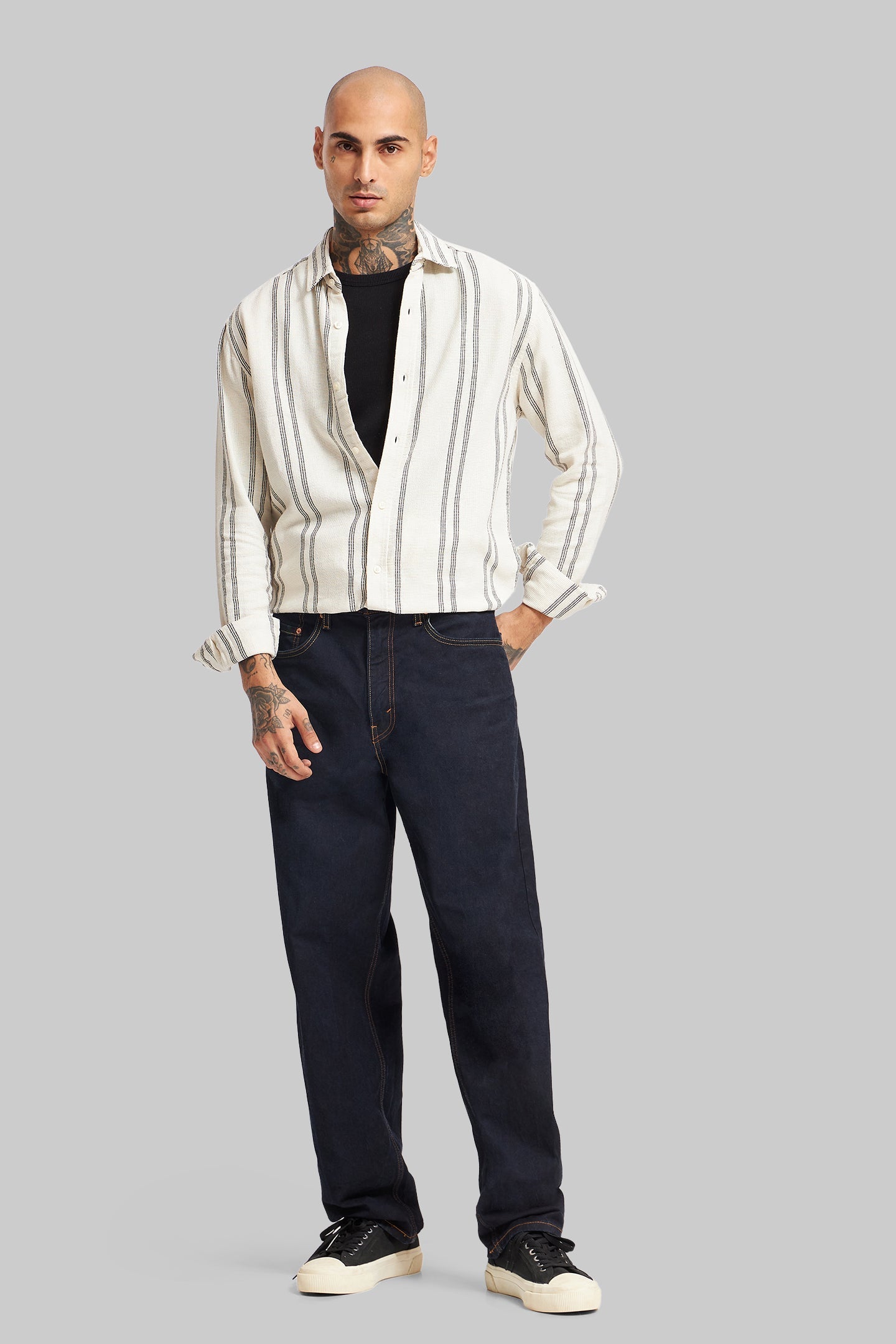 Off White Striped Textured Shirt