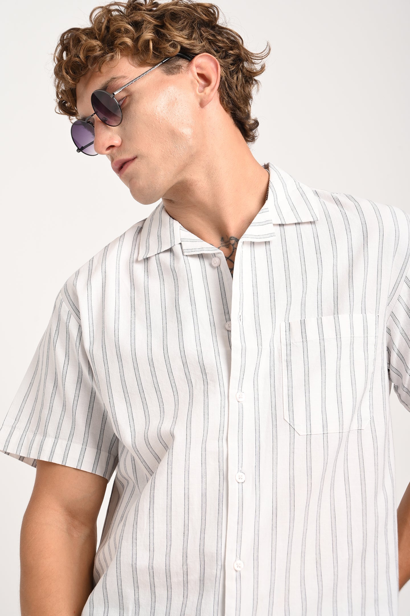 White Striped Cuban Collar Shirt