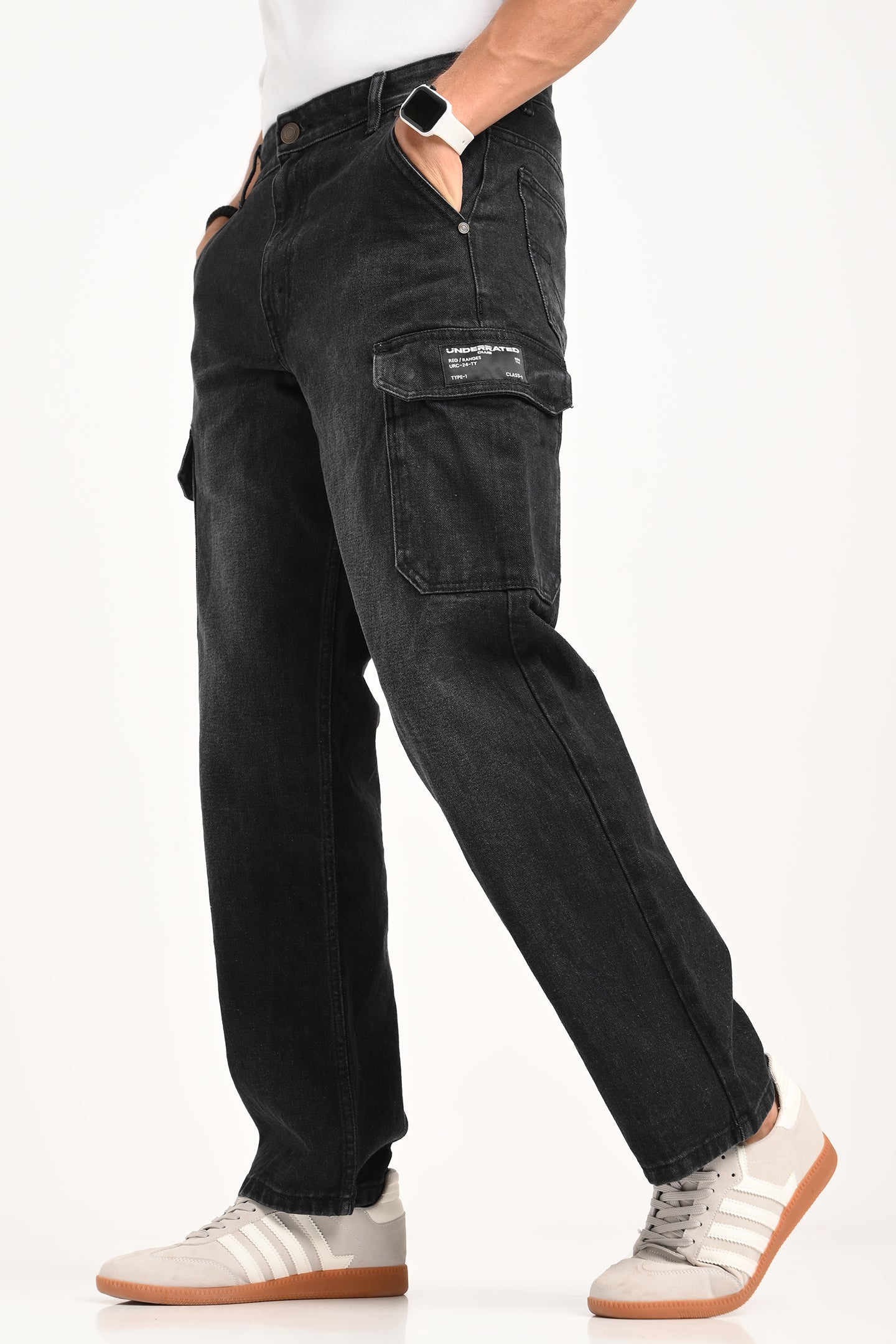 Black 6-Pocket Cargo Jeans For Men - Mid Rise Relaxed Fit