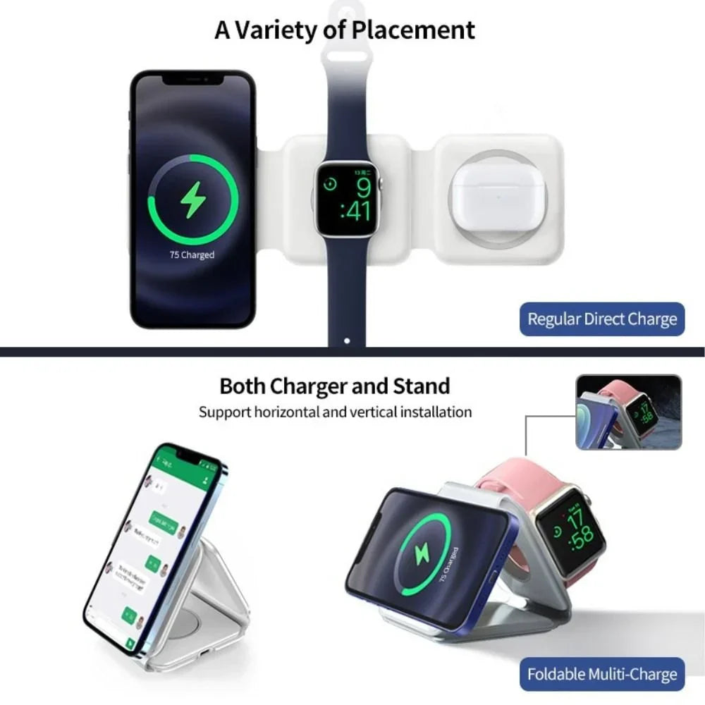 SMARTUNO | 3 in 1 Magnetic Foldable Wireless Charger Compatible for iPhone 15/14/13/12 Series | Compatible with AirPods 2/3/Pro & iWatch Series | MagSafe Compatible | White