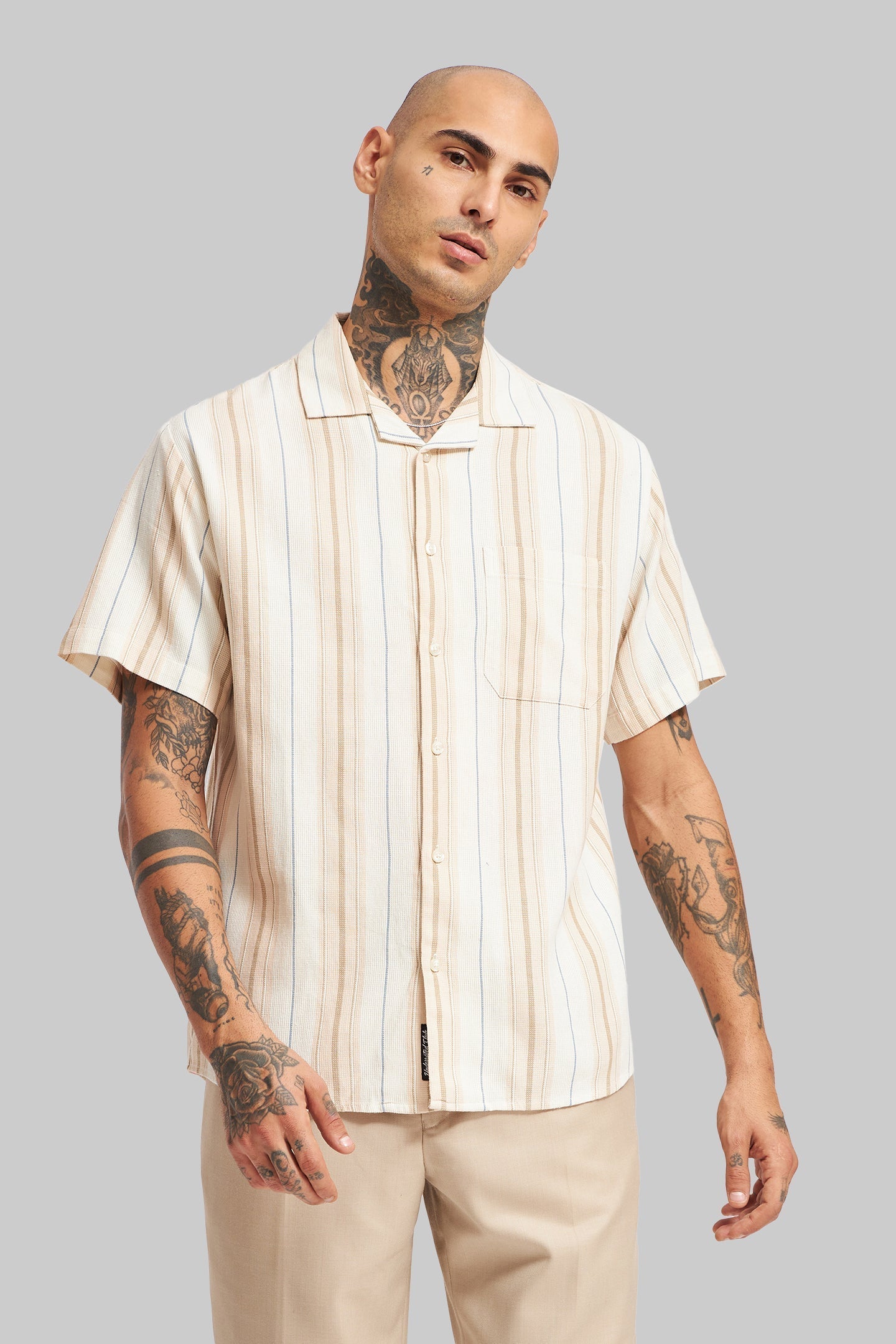 Beige Striped Textured Cuban Collar Shirt