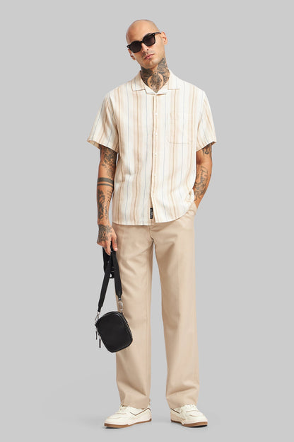 Beige Striped Textured Cuban Collar Shirt