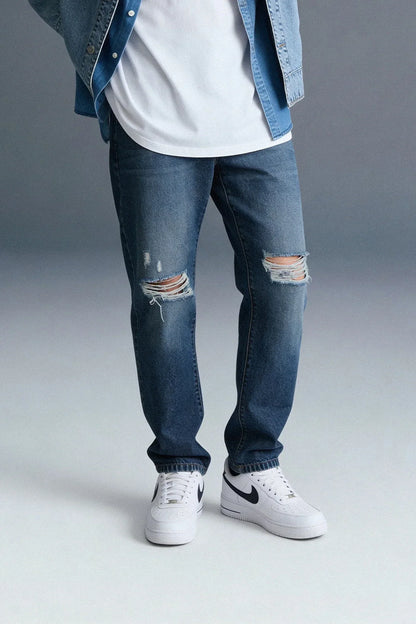 Dark Blue Mid Rise Distressed Men's Relaxed Jeans