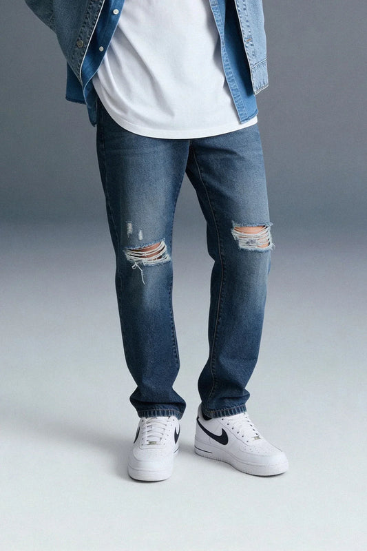 Dark Blue Mid Rise Distressed Men's Relaxed Jeans