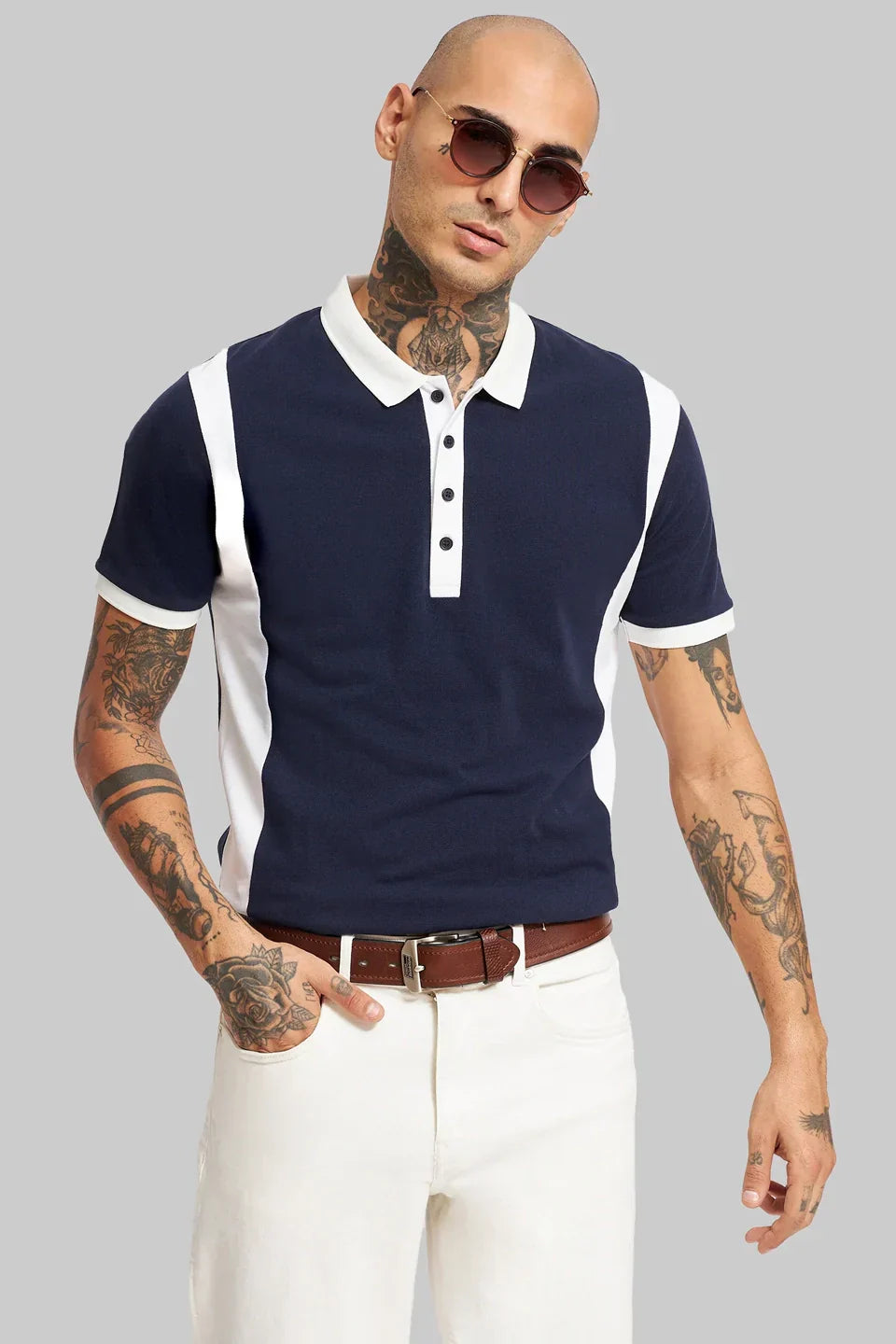 Pack of 3 Men's Polo T-shirt combo - Tapework White/ Navy/ Colourblocked navy