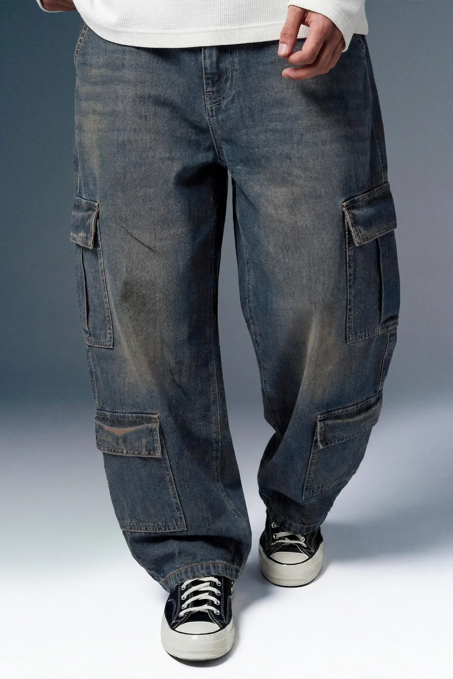 Rusty Blue 8-Pocket Baggy Cargo Jeans for Men