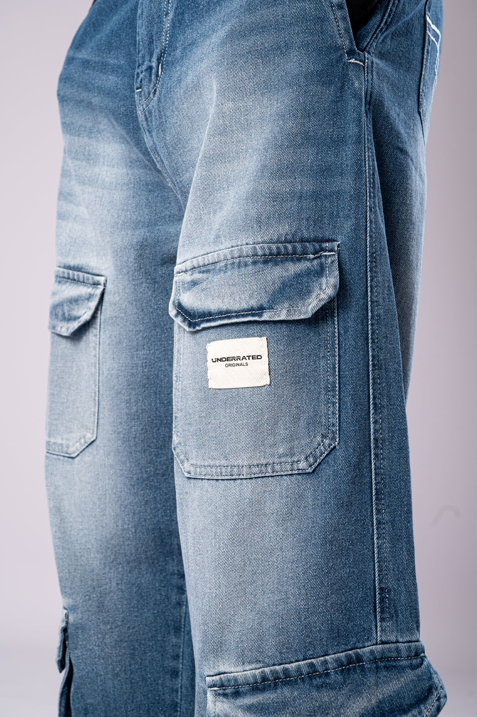Faded Blue 8-Pocket Baggy Cargo Jeans for Men