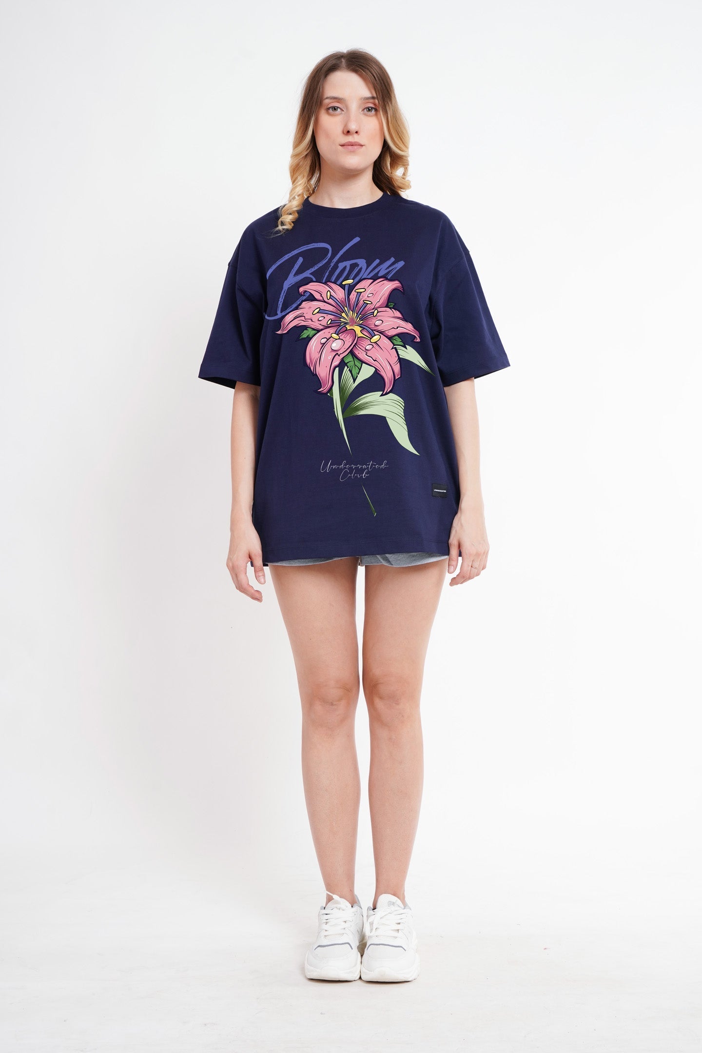 Pink Flower Navy Blue Oversized Fit T-Shirt Women