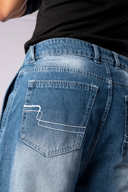 Faded Blue 8-Pocket Baggy Cargo Jeans for Men