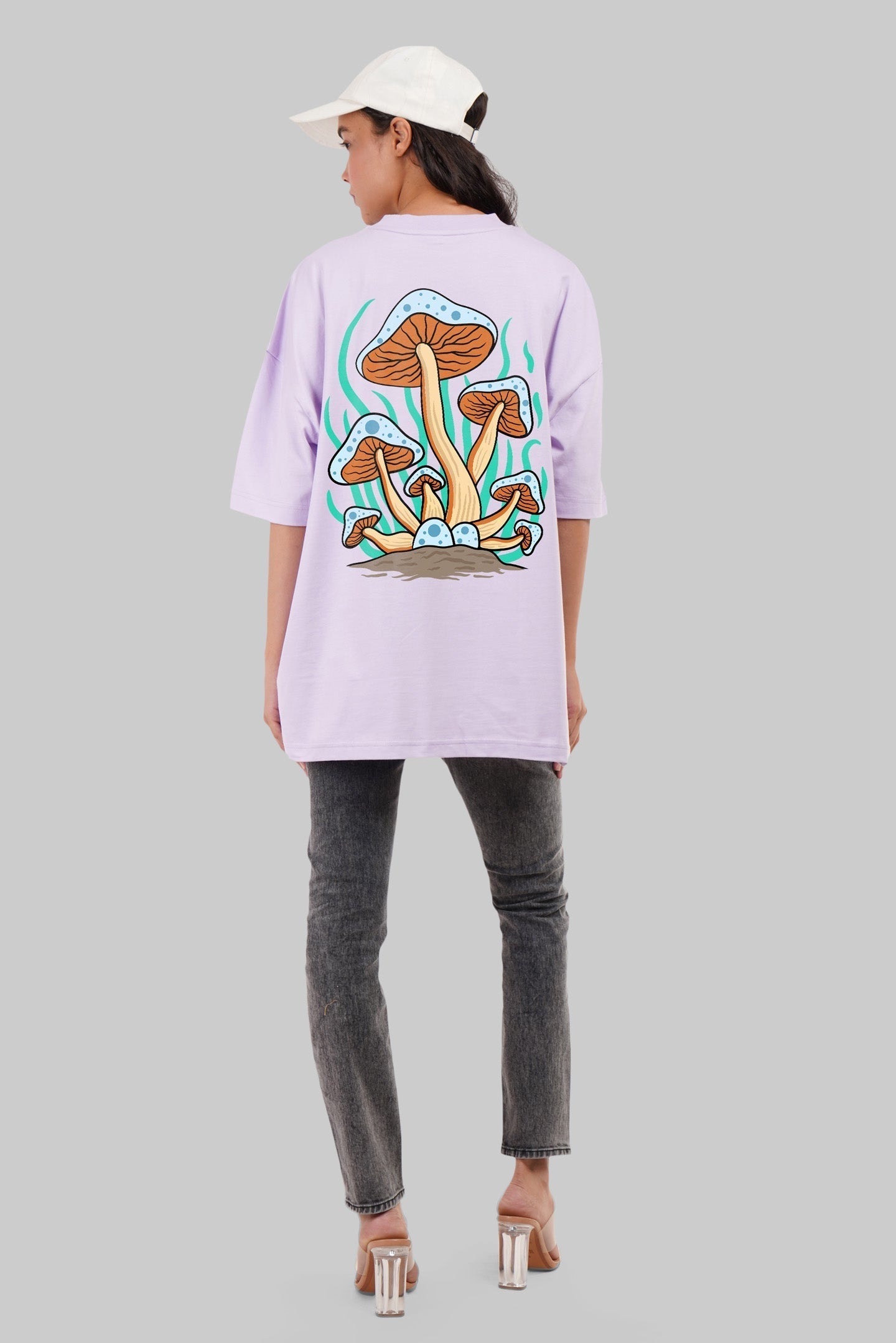 Mushrooms Print Lavender Baggy Fit T-Shirt Women