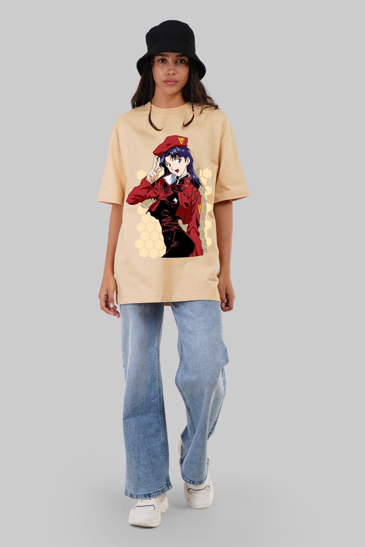 Anime Lady Beige Oversized Fit T-Shirt Women